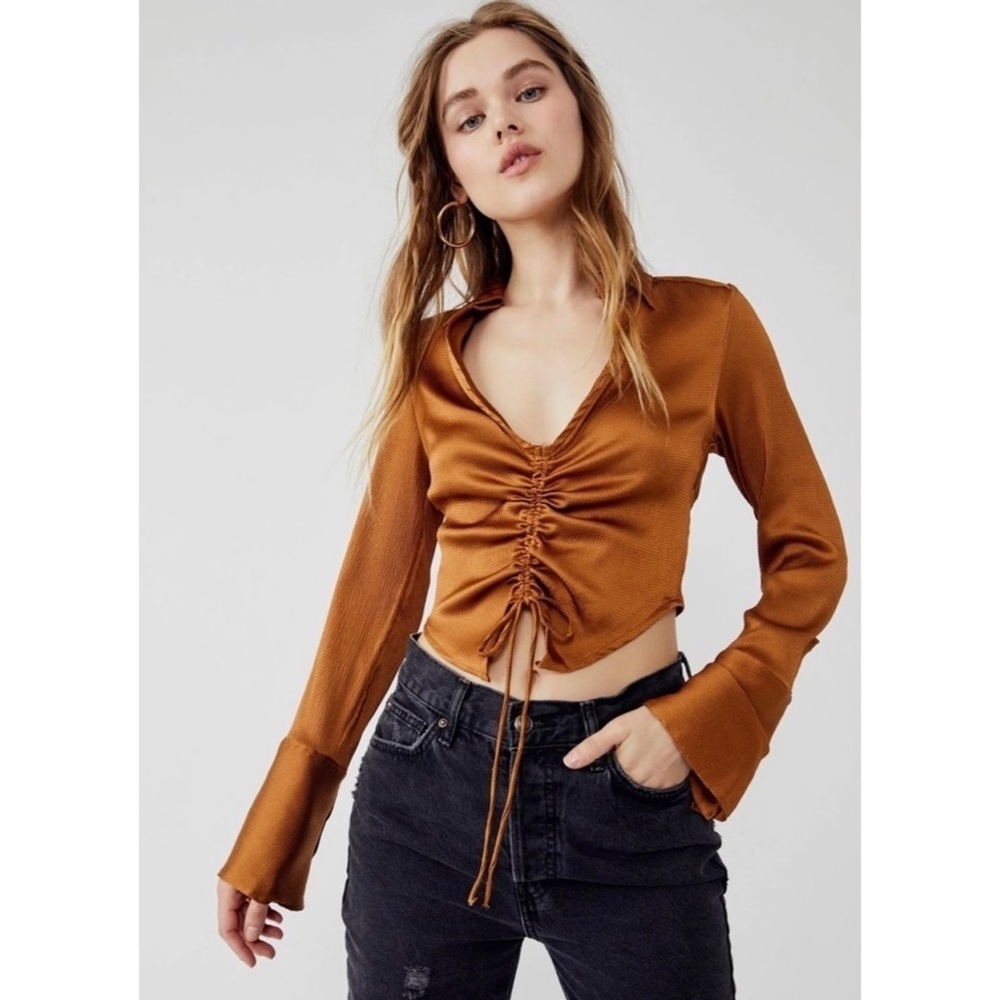 Free People Aurora Satin Blouse Tiger Eye